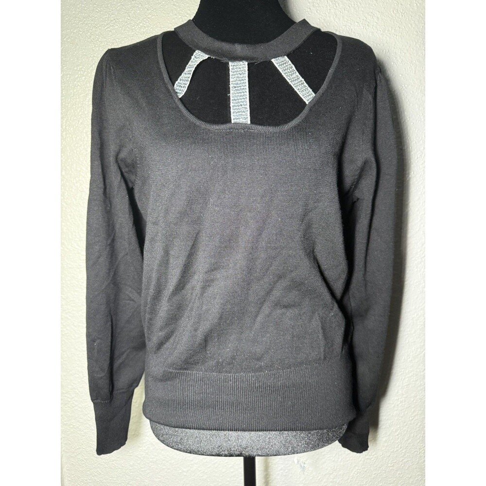 Alison Andrews Womens Black Silver Cutout sequin Knit Pullover Sweater Size M